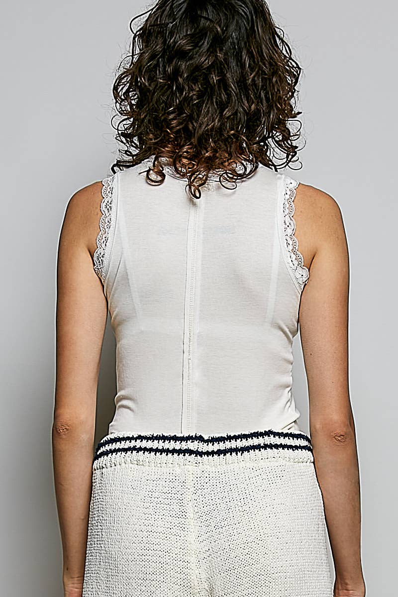 Round Neck Sleeveless Lace Trim Knit Fitted Top