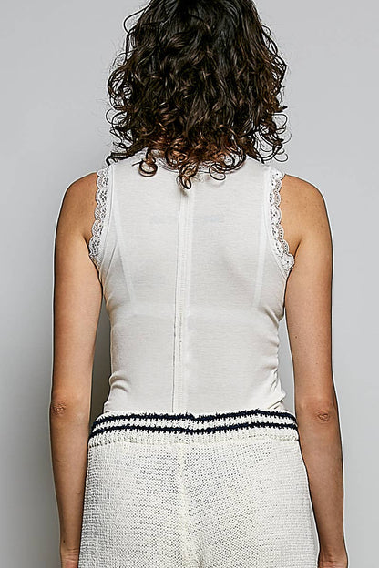 Round Neck Sleeveless Lace Trim Knit Fitted Top