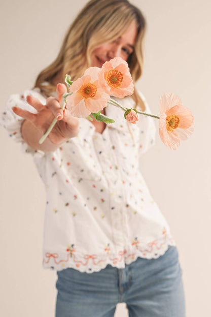 EMBROIDERED FLORAL BUBBLE SLEEVE BUTTON DOWN TOP
