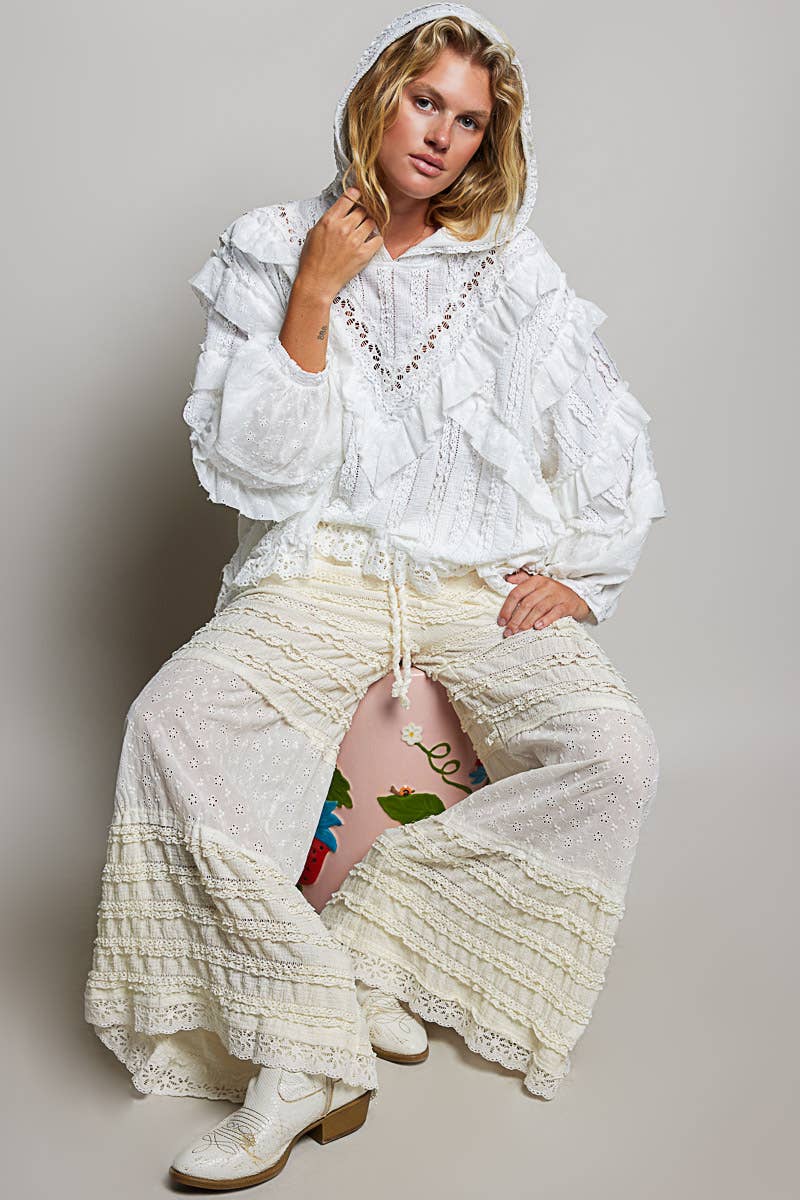 White Romantic Lace Ruffle Balloon Sleeve Floral Trim Hoodie