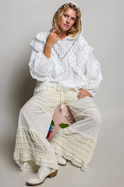 White Romantic Lace Ruffle Balloon Sleeve Floral Trim Hoodie