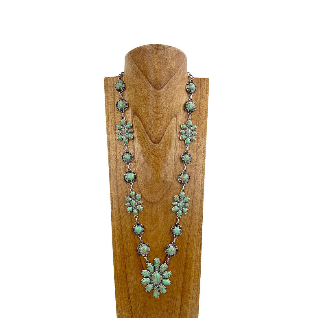 NKY230430-02-GREEN        29 inches silver with green stone concho link chain Necklace