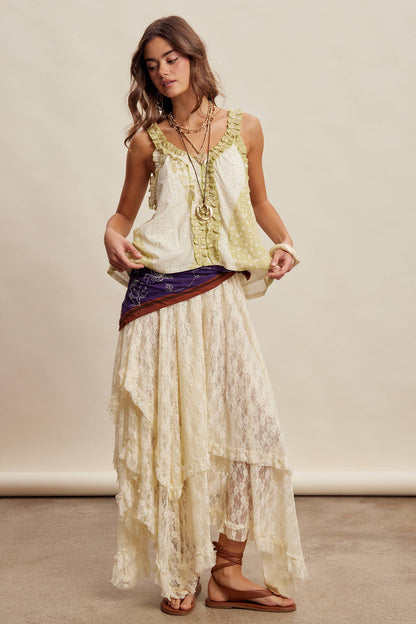Sage Ruffle Trim Patchwork Tank Top