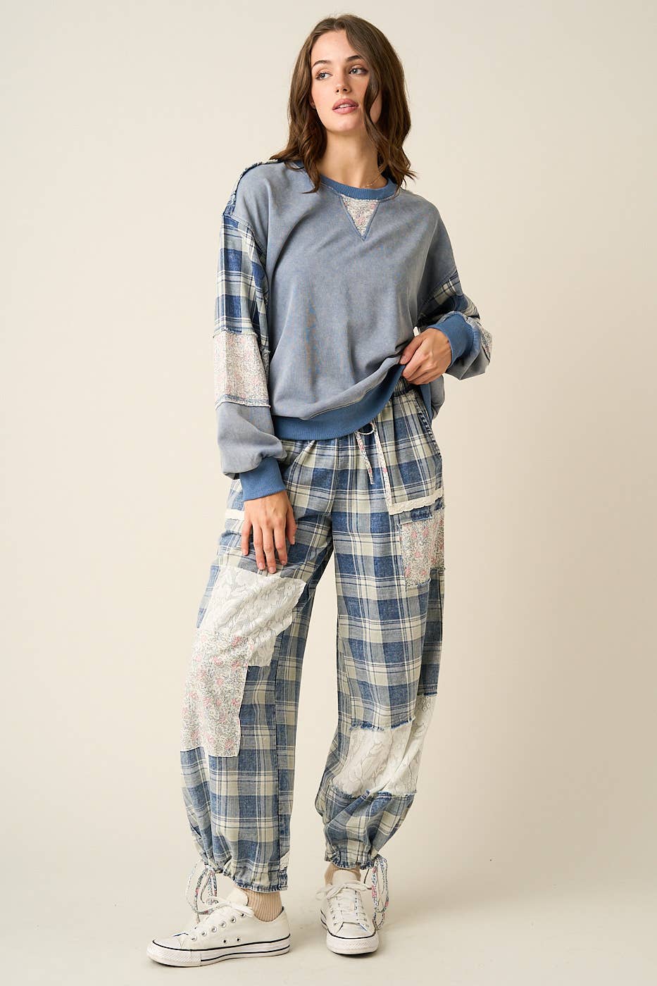 Mittoshop PLAID PATCHWORK LACE DRAWSTRING PARACHUTE PANTS
