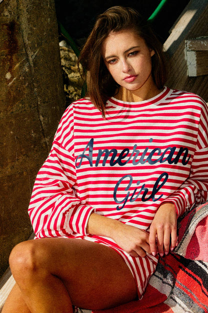 AMERICAN GIRL' Oversized Striped T-shirt
