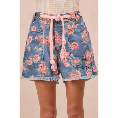BRAIDED WAIST BELT PATCH FLORAL DENIM SHORTS