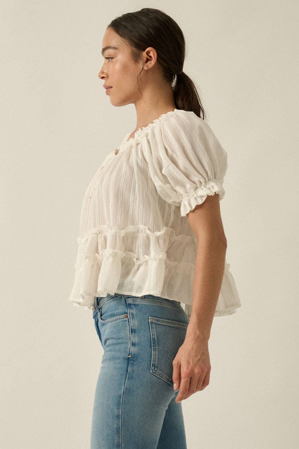 Tonal-Stripe Puff-Sleeve Tiered Ruffle Babydoll Peasant Top