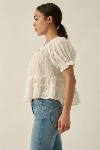 Tonal-Stripe Puff-Sleeve Tiered Ruffle Babydoll Peasant Top