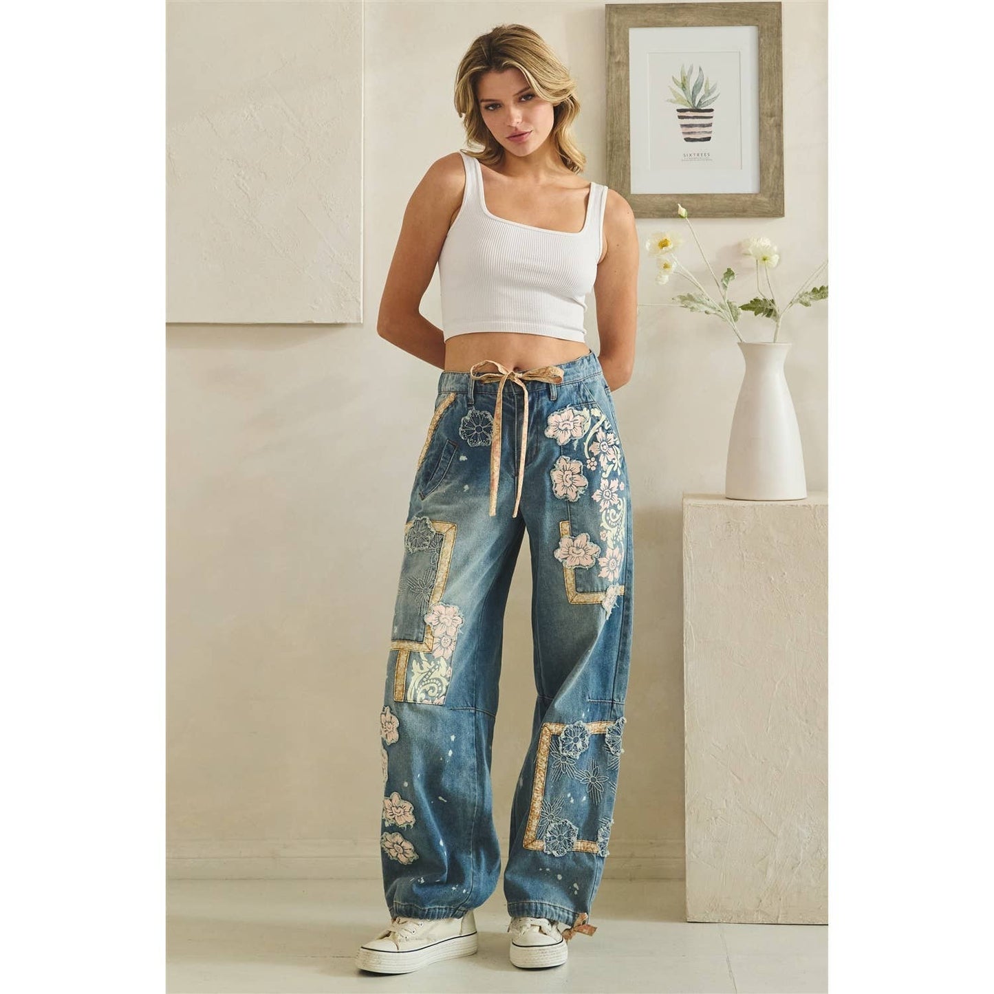WASHED BLOCK PATCHED DENIM PANTS