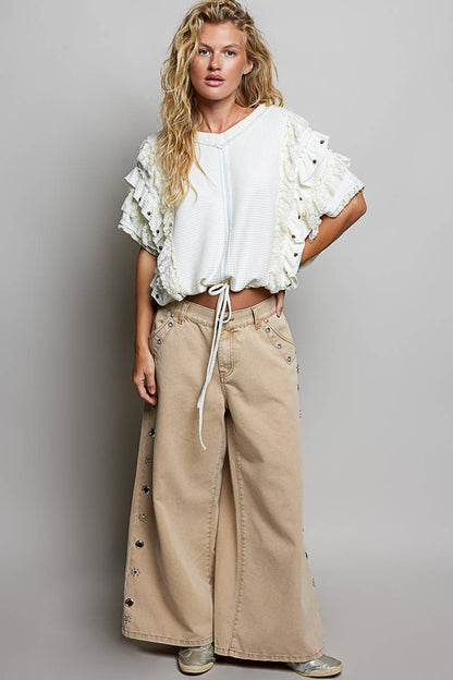 Textured Knit Ruffle Sleeve Lace Stud Cropped Short Top
