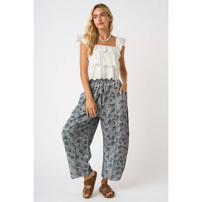 BLUE FLORAL PRINT SEAM DETAIL PULL ON BARREL PANTS