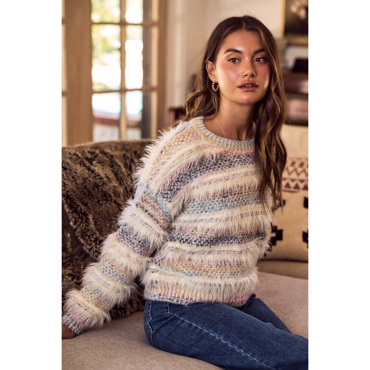 SOFT  MULTI COLOR STRIPE COZY SWEATER TOP