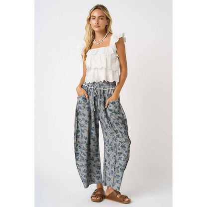 BLUE FLORAL PRINT SEAM DETAIL PULL ON BARREL PANTS
