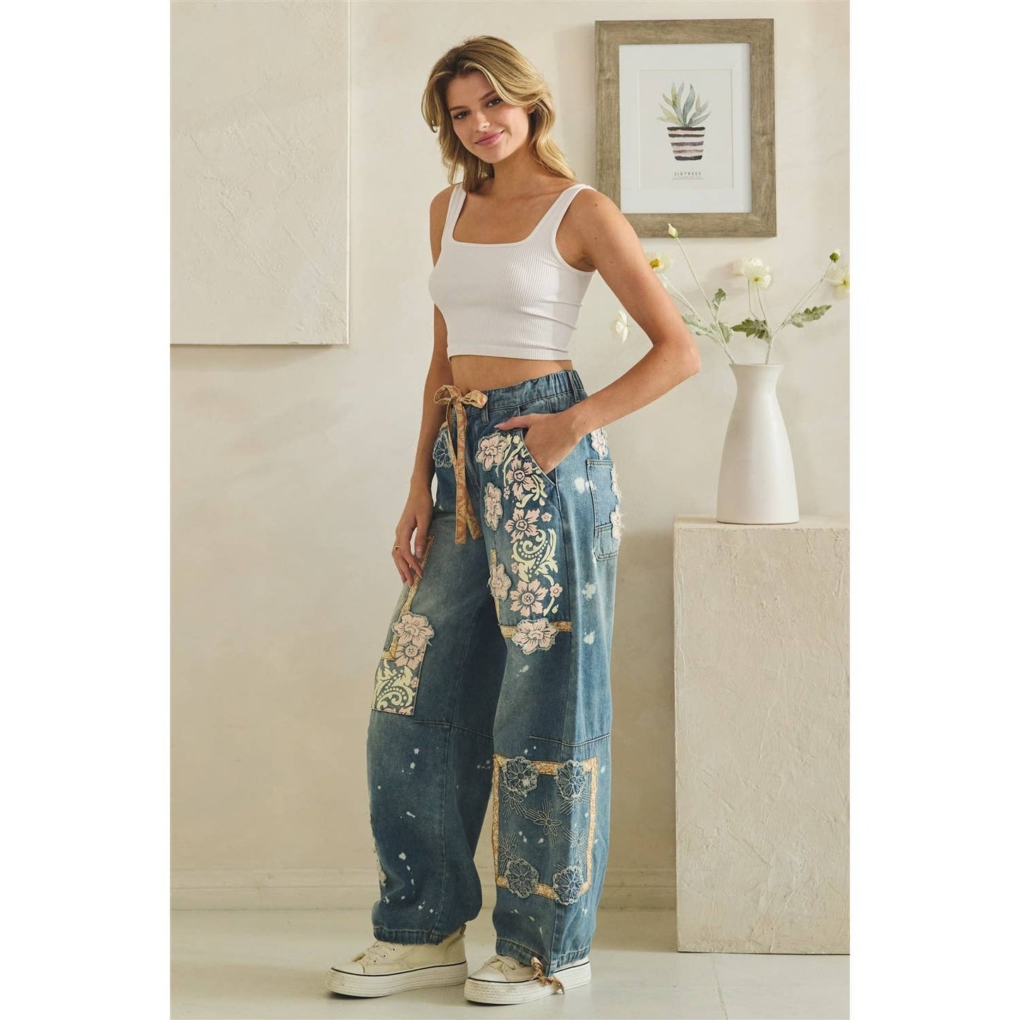WASHED BLOCK PATCHED DENIM PANTS