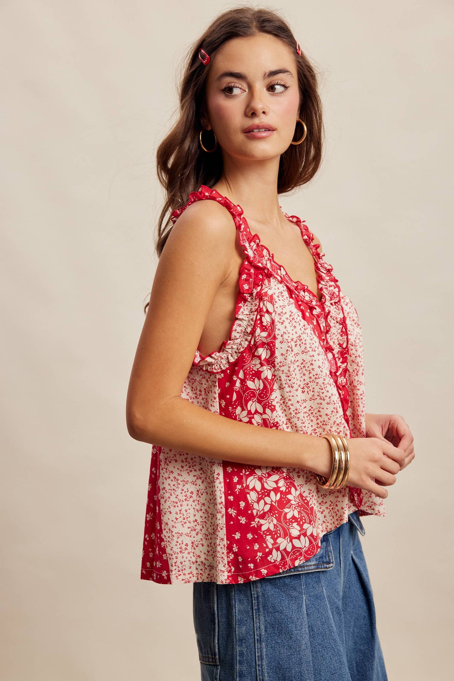 Ruffle Trim Patchwork Tank Top