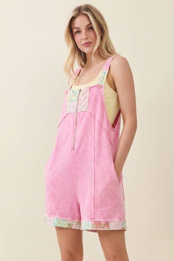Mineral Washed Floral Patched Zipper Romper