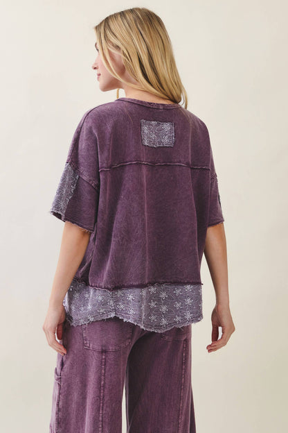 Mineral Washed Eggplant Eyelet Lace Top