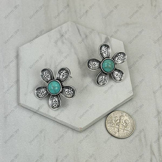 ER260328-20          Silver metal with blue turquoise stone flower Earring
