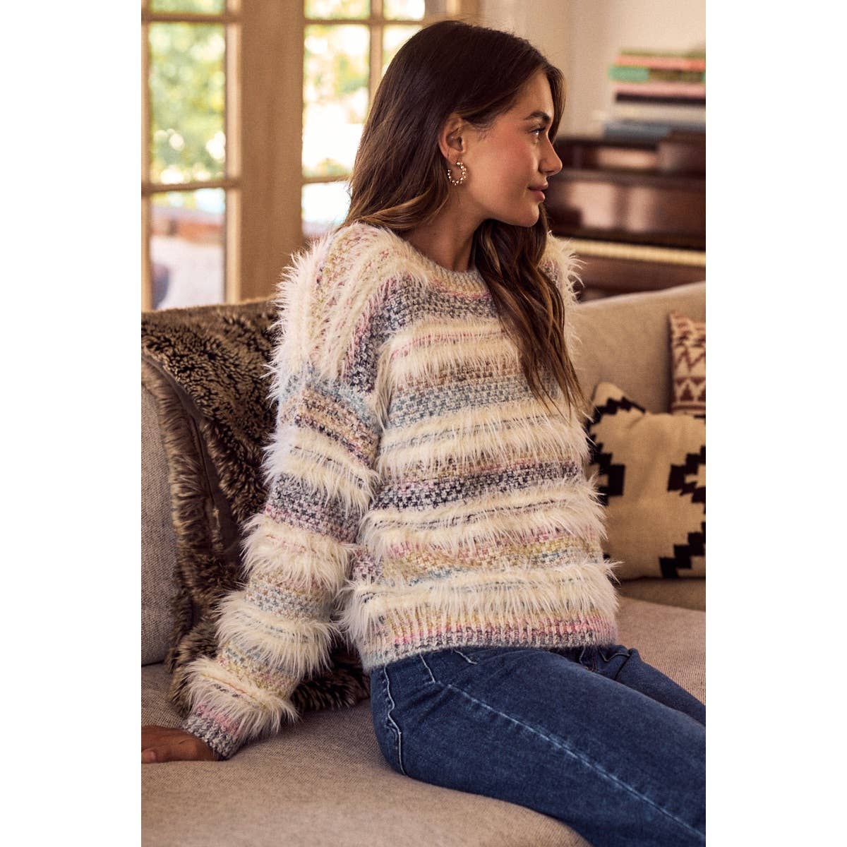 SOFT  MULTI COLOR STRIPE COZY SWEATER TOP
