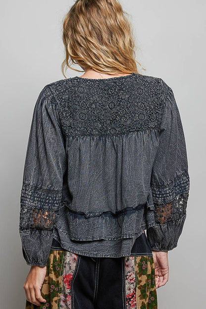 Feminine Lacework Pintuck Button Front Woven Blouse