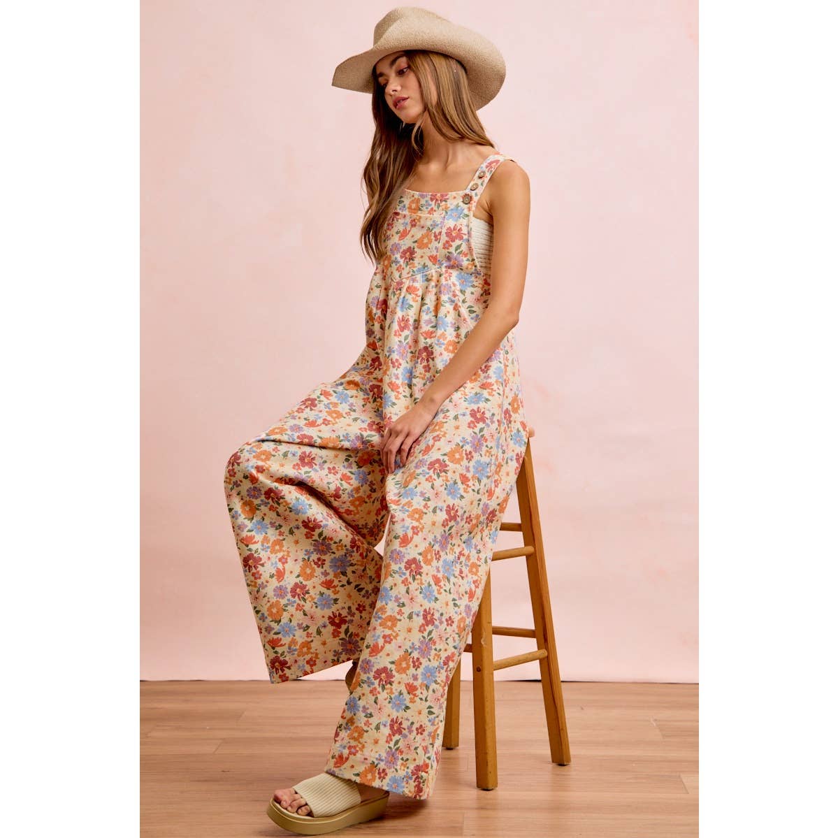WASHED FLORAL TWILL FRONT POCKETS DETAIL OVERALL