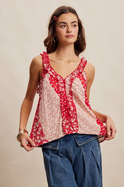 Ruffle Trim Patchwork Tank Top