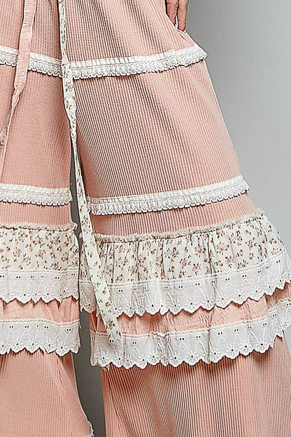 Floral Contrast Eyelet Ruffle Lace Trim Straight Knit Pants