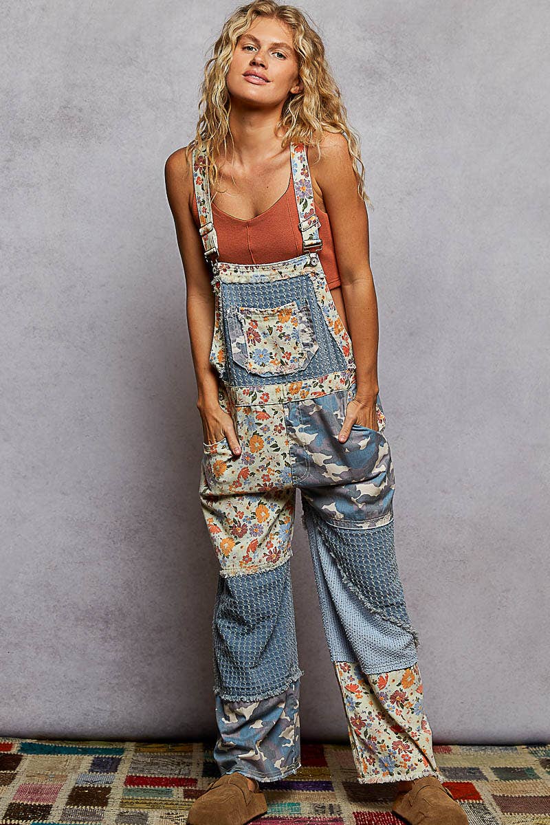 Animal printed floral print frayed edge twill woven overalls