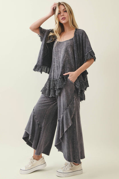 Mineral Washed Wavy Eggplant Ruffle Cropped Pants