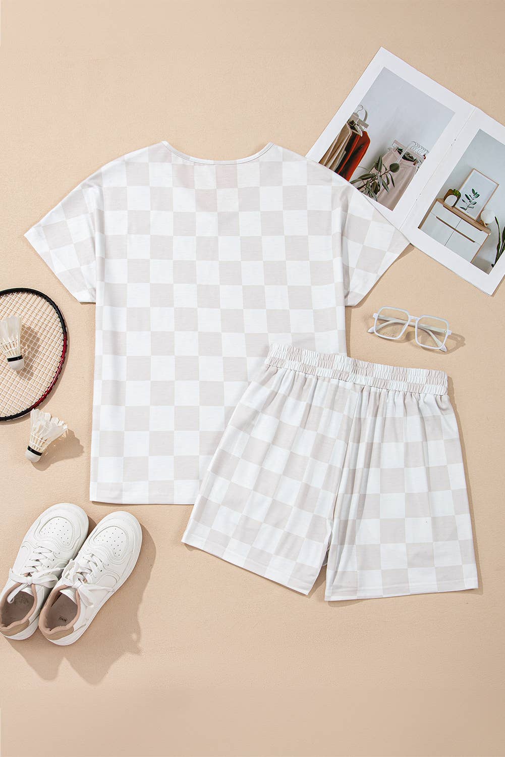 Checkered V Neck Tee Drawstring Shorts Lounge Set