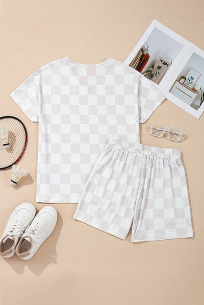 Checkered V Neck Tee Drawstring Shorts Lounge Set