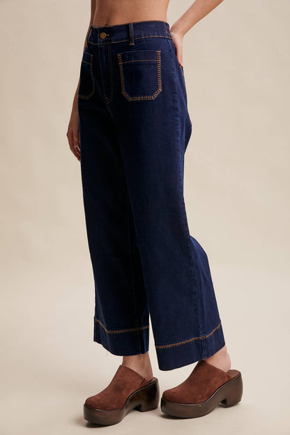 Contrast Stitch Wide Leg Stretch Denim Pants