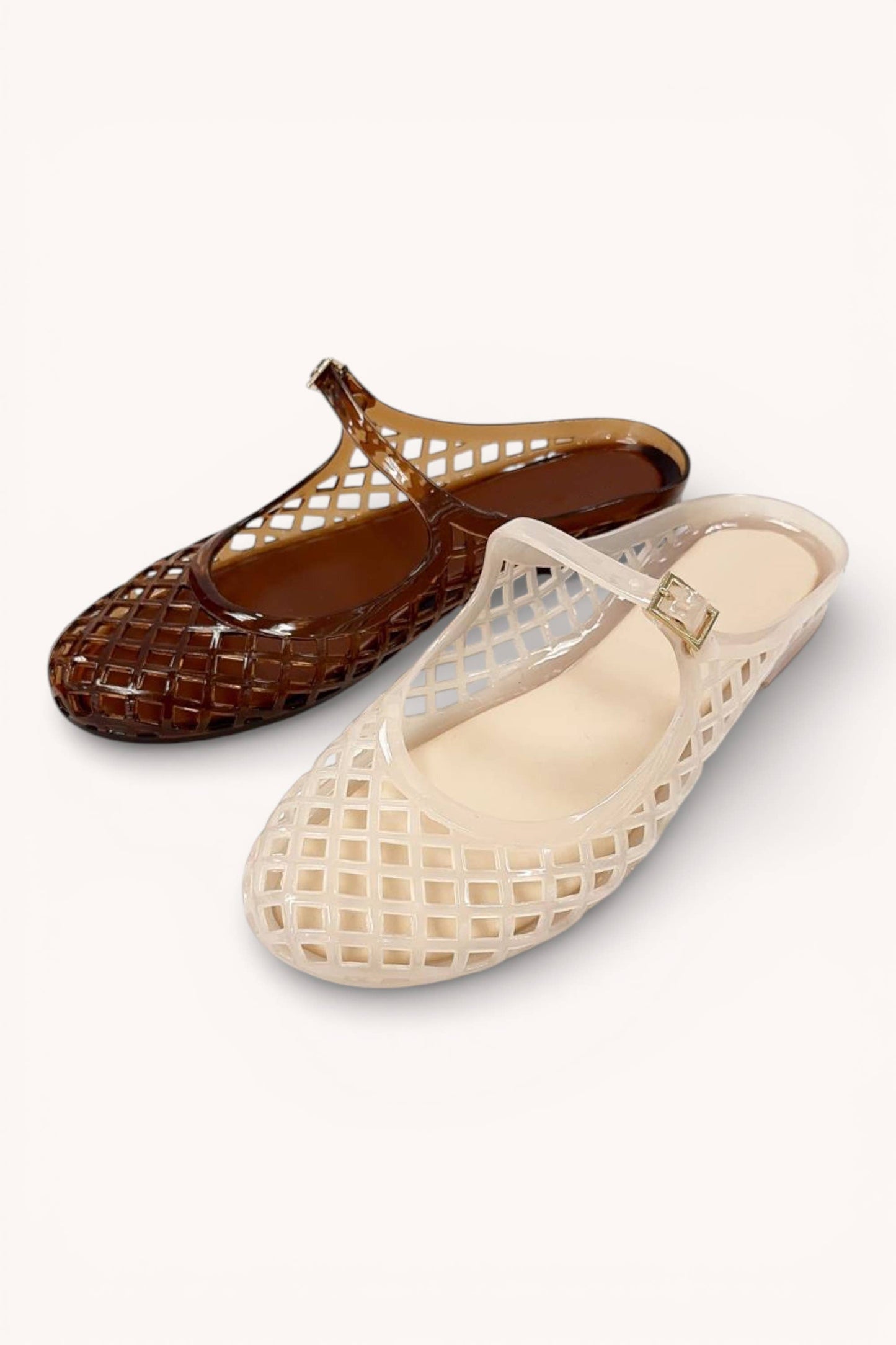 POSIE-1 TRENDY LATTICE JELLY MARY JANE STRAP SLIDE FLAT SLIP
