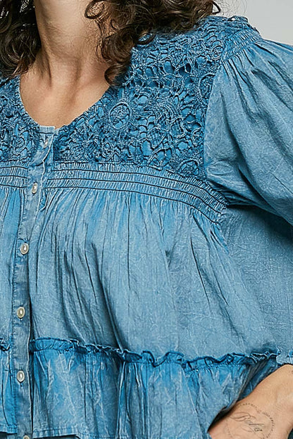 Feminine Lacework Pintuck Button Front Woven Blouse