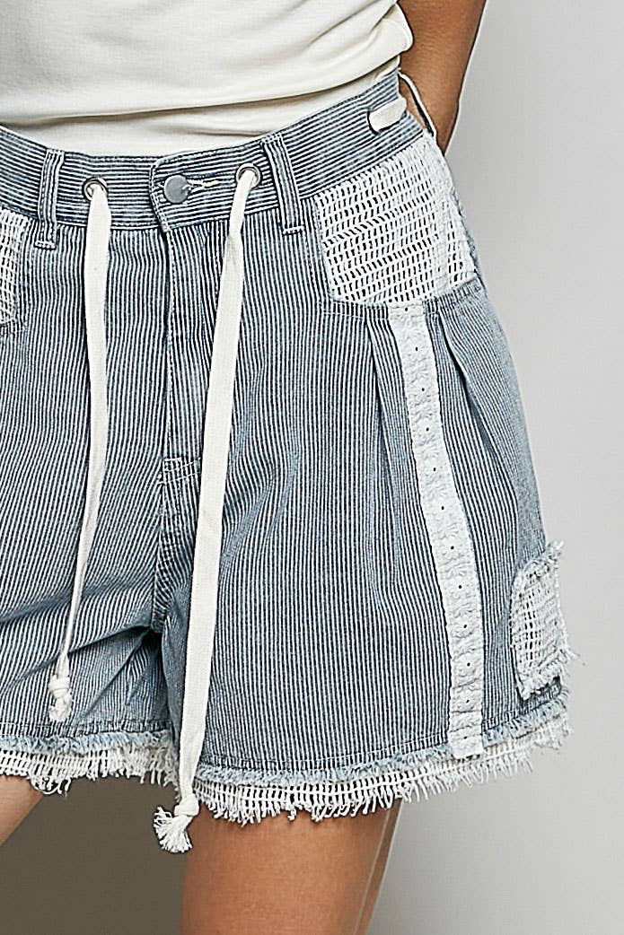 Vintage Washing Stripe Solid Crochet Patch Short Wide Pants