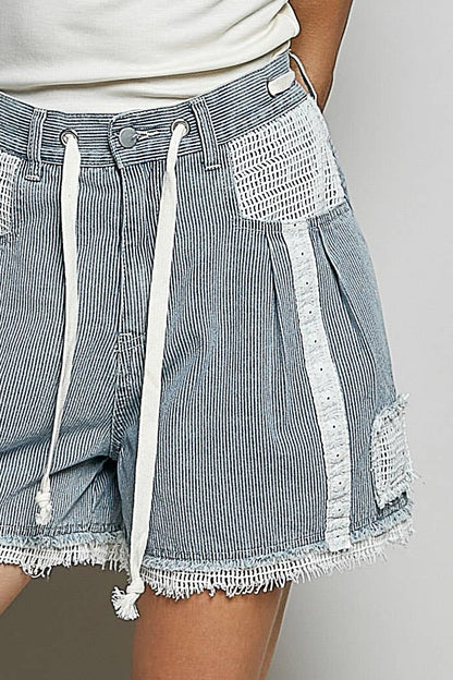 Vintage Washing Stripe Solid Crochet Patch Short Wide Pants