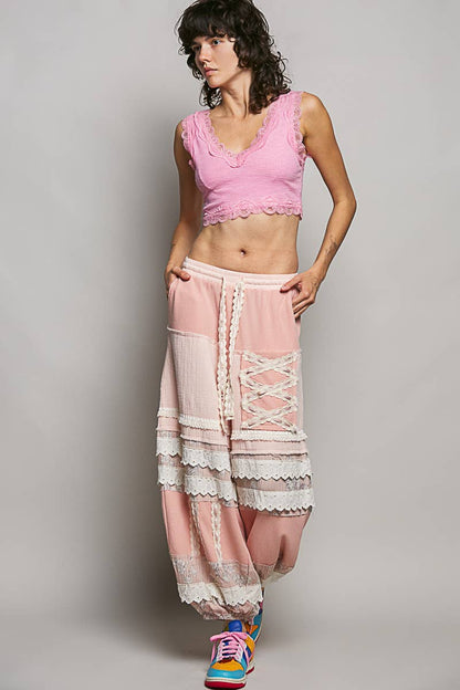 Pink Double Gauze Trim Floral Patch Waistband Jogger Pants