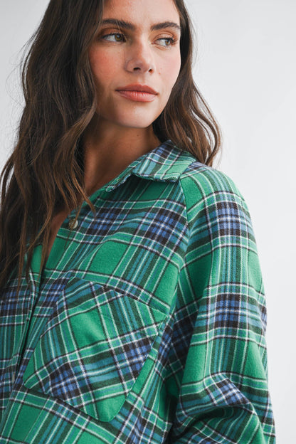 Teal Green Oversized Plaid Flannel Button Down Shirt
