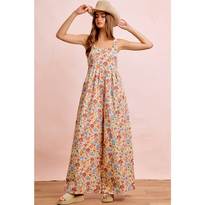 WASHED FLORAL TWILL FRONT POCKETS DETAIL OVERALL