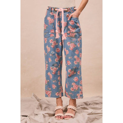 BRAIDING PATCH POCKET FLORAL DENIM PANTS