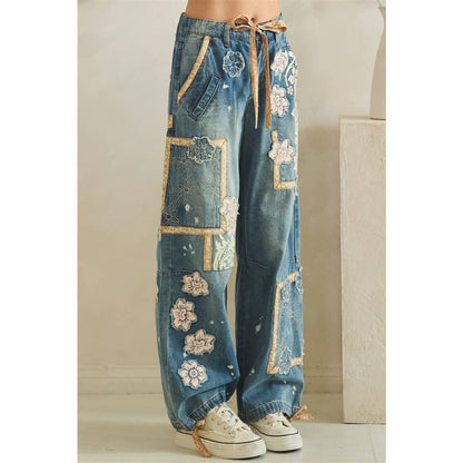 WASHED BLOCK PATCHED DENIM PANTS