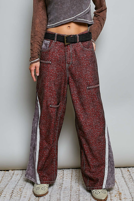 Vintage Thermal Patch Print Twill High Rise Wide Leg Pants