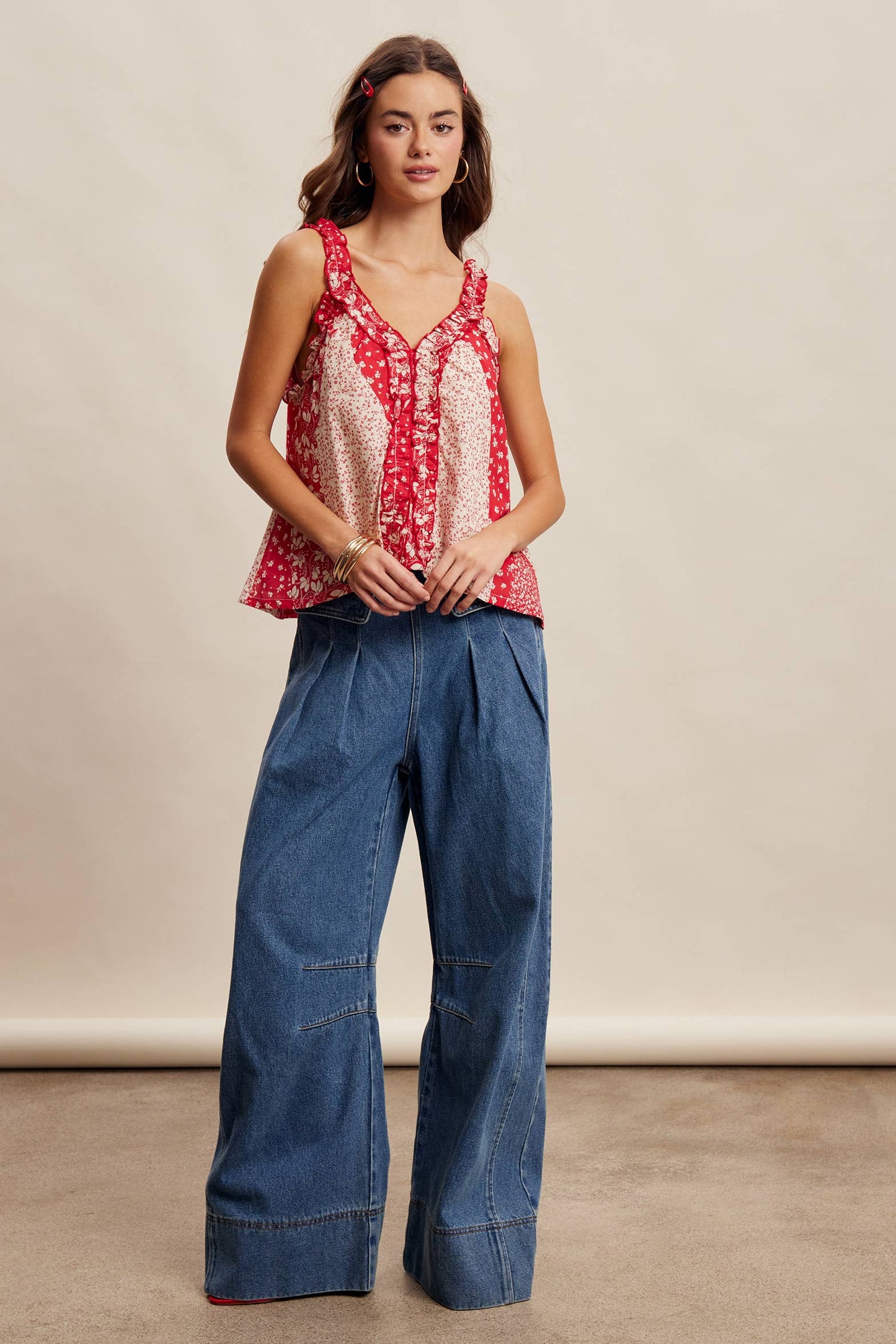 Ruffle Trim Patchwork Tank Top