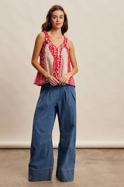 Ruffle Trim Patchwork Tank Top