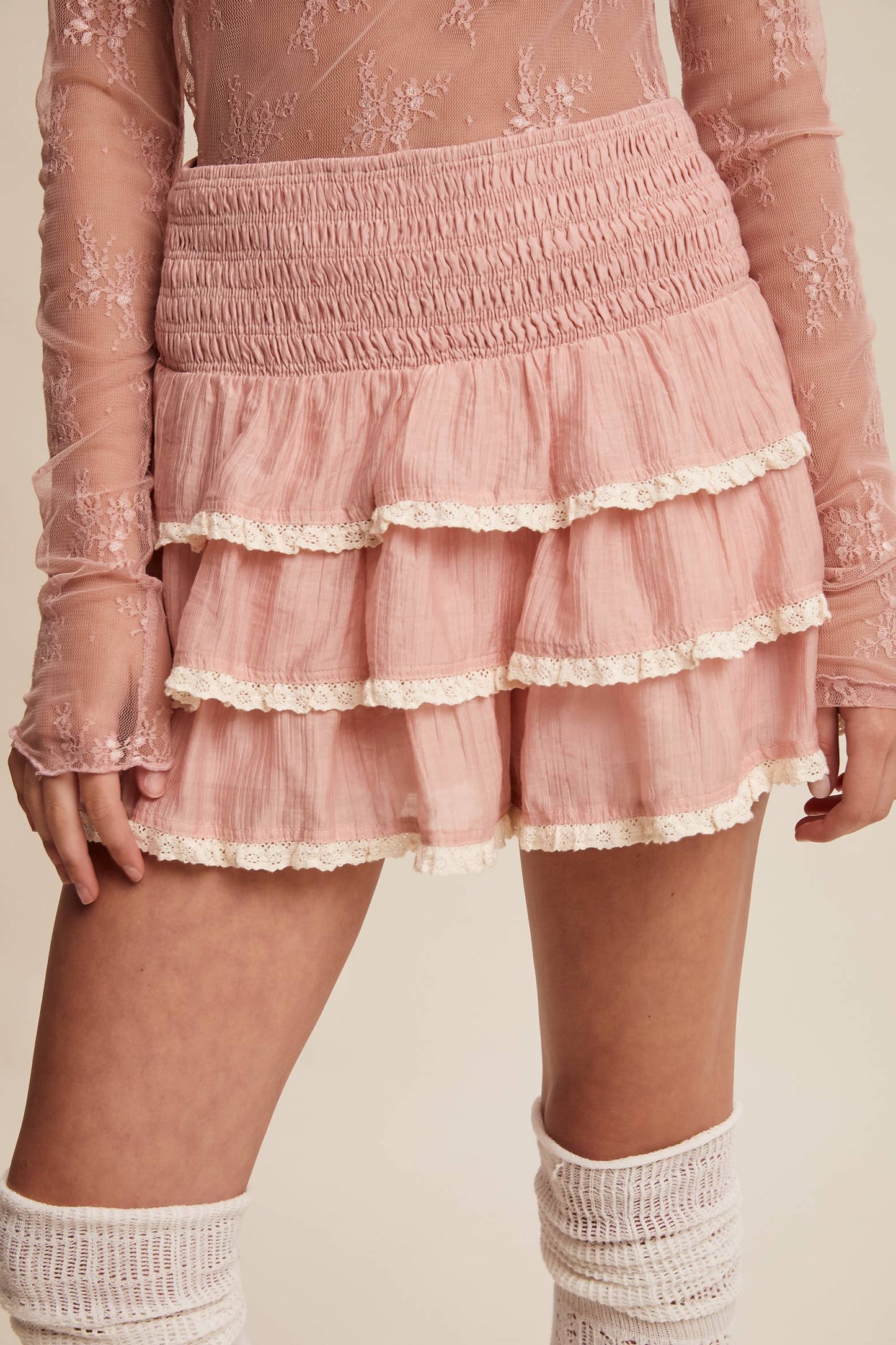 Tiered Ruffle Lace Trim Skort