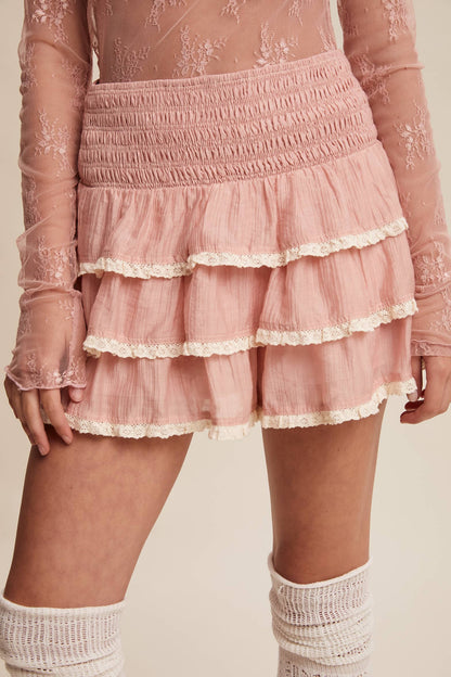 Tiered Ruffle Lace Trim Skort