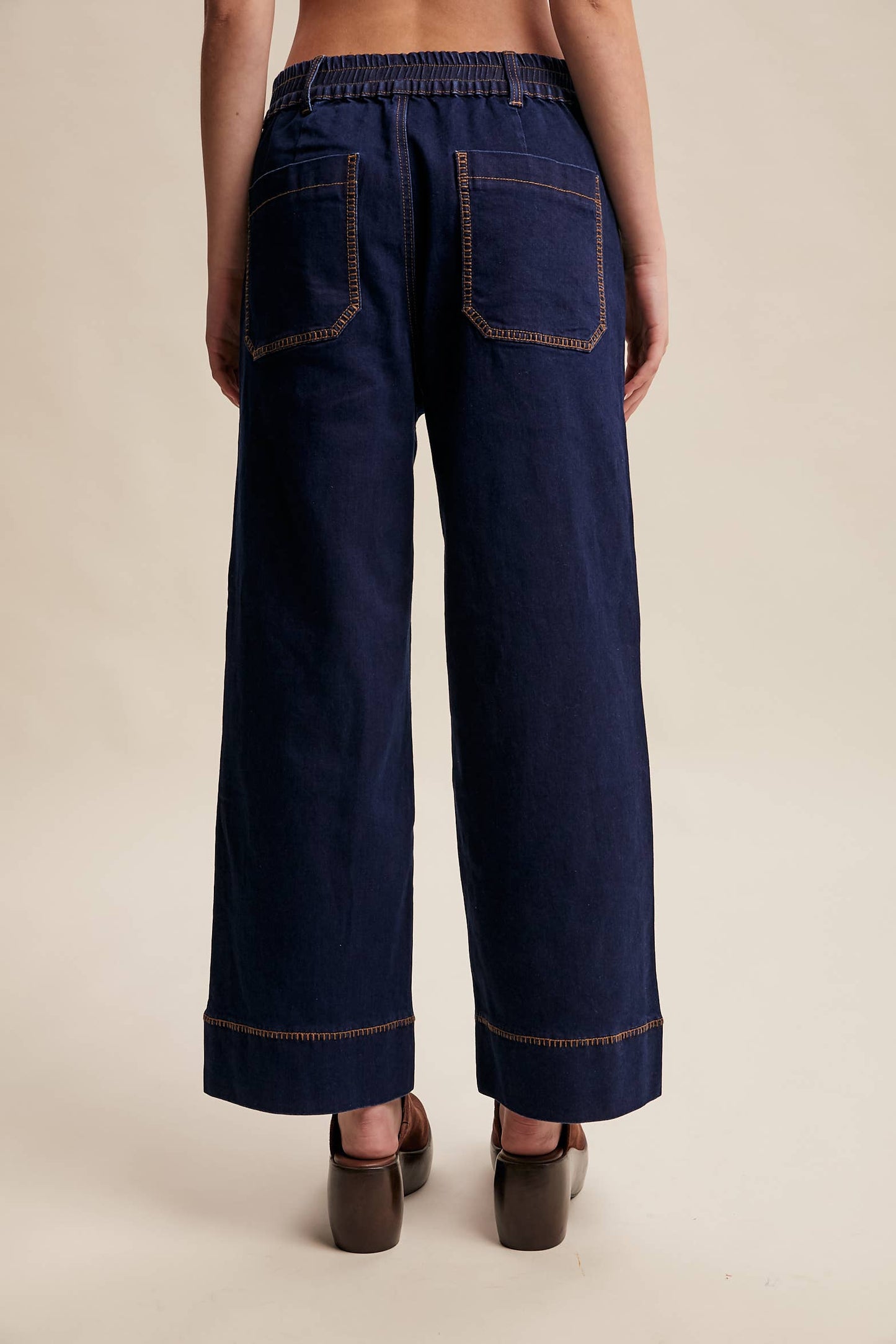 Contrast Stitch Wide Leg Stretch Denim Pants