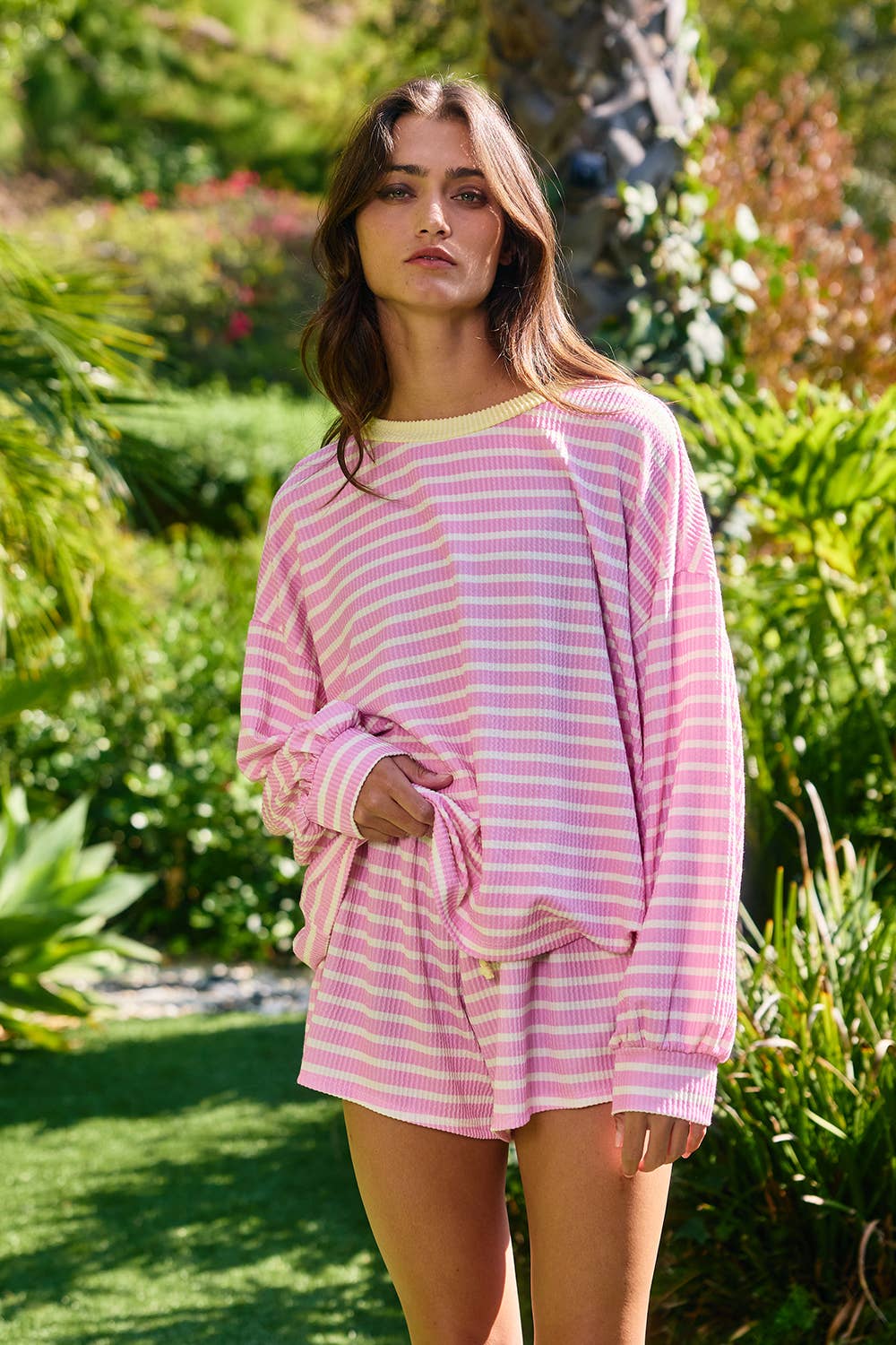Pink Lemonade Striped Rib Textured Knit Shorts