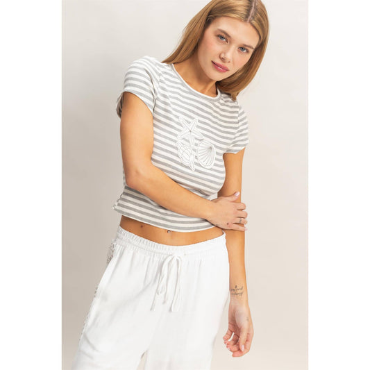 Striped Coastal  Embroidered Patch Top