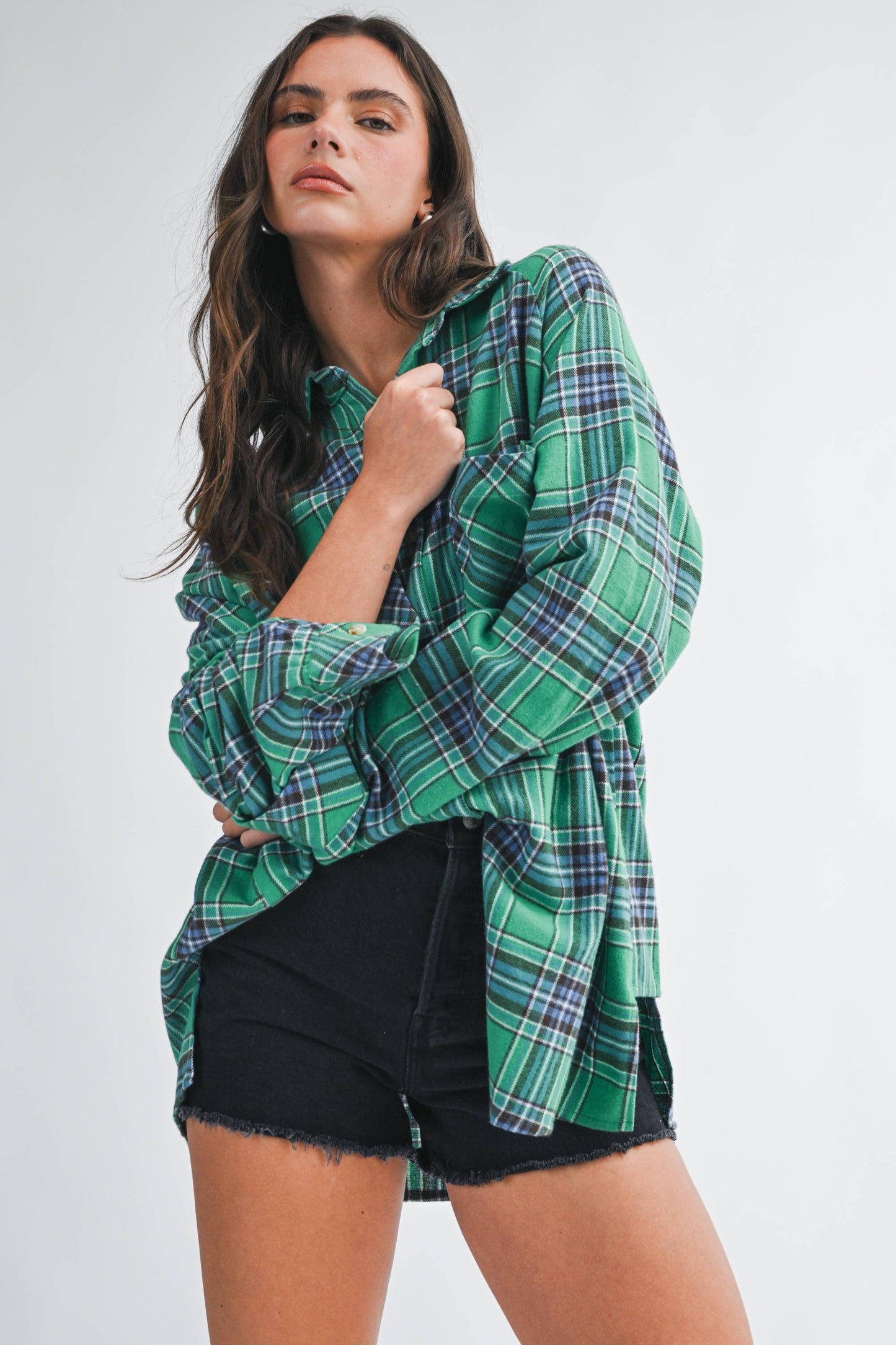 Teal Green Oversized Plaid Flannel Button Down Shirt